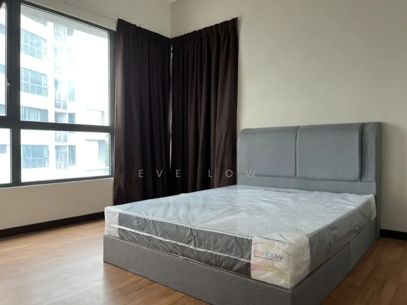 Bedroom features: queen-size bed, upholstered headboard, brown curtains, floor-to-ceiling windows, wooden flooring, light grey bed frame, decorative wall, natural light, neutral wall colour; style: modern.