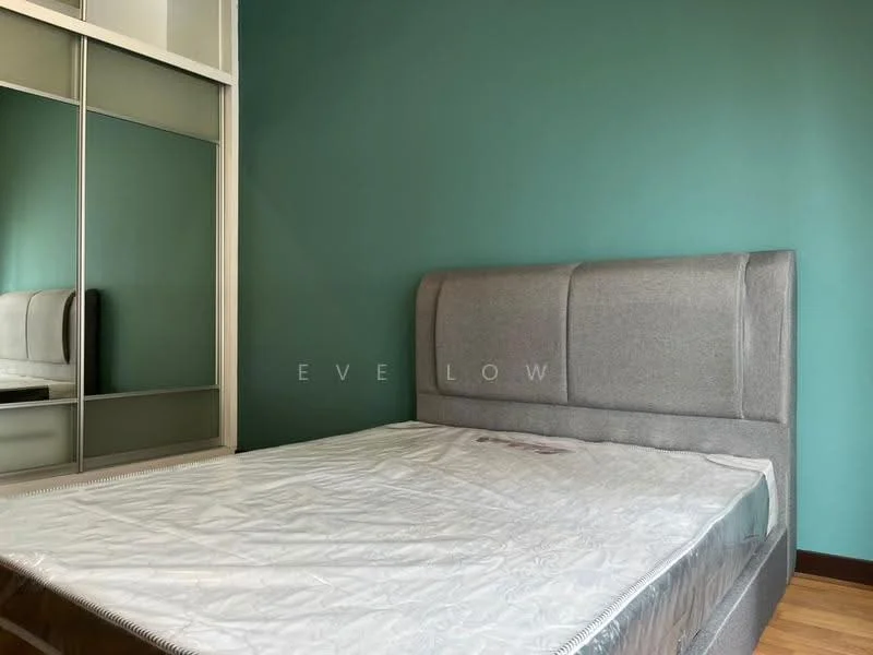 Bedroom features: green painted walls, grey upholstered headboard, mirror sliding wardrobe, wooden flooring, queen-size bed, bedside space, natural light from window, decorative wall; style: modern.