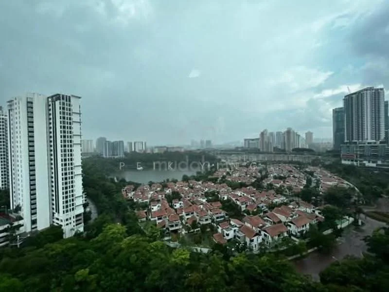 Exterior type: high-rise condominium; features: city skyline view, surrounded by greenery, residential area with low-rise houses, high-rise buildings in the background, overcast sky, urban landscape; style: modern.