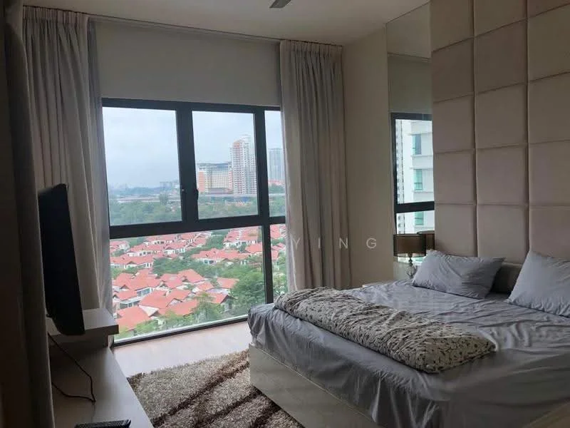 Bedroom features: king-size bed, upholstered headboard, two bedside lamps, floor-to-ceiling windows, sheer curtains, area rug with geometric pattern, wall-mounted TV, decorative mirror, wooden flooring, built-in wardrobe; style: modern; view: city.