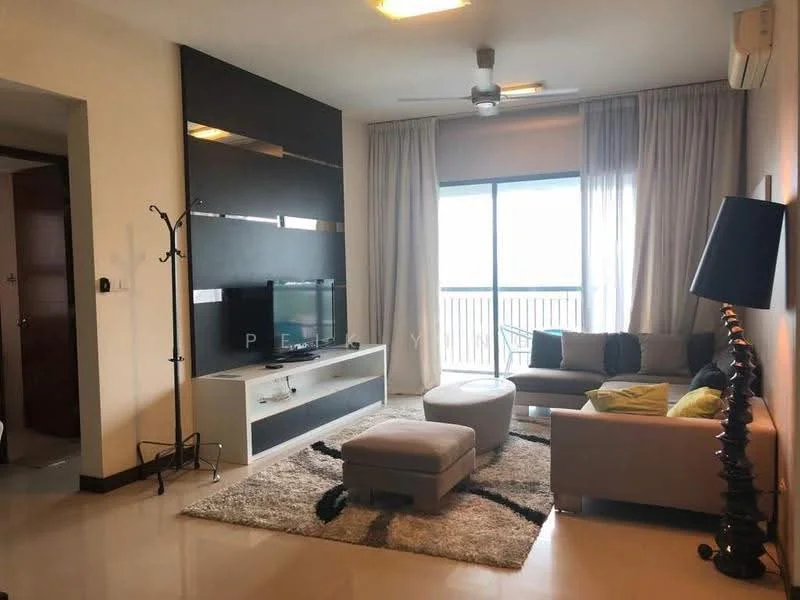 Living features: 3-seater fabric sofa in grey, ottoman, coffee table, TV console, wall-mounted TV, area rug with geometric pattern, floor-to-ceiling windows, sheer curtains, ceiling fan with light, recessed downlights, decorative floor lamp, wall-mounted shelving unit, light-colored walls, polished tile flooring; style: modern; view: city.