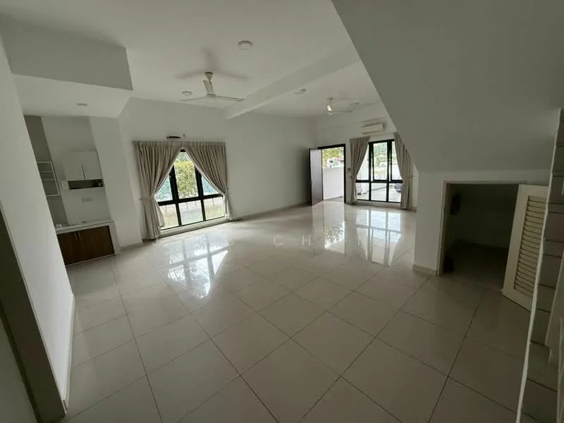 Living features: white painted walls, glossy ceramic tile flooring, tray ceiling, 5-blade ceiling fan, floor-to-ceiling windows, sliding glass door, sheer curtains, natural light, open layout, air conditioning unit, built-in cabinetry, decorative wall paneling; style: modern; view: garden.