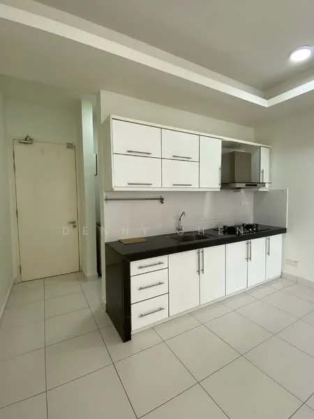 Kitchen features: white cabinetry, black countertop, stainless-steel sink, chrome pull-down faucet, built-in stove, wall-mounted kitchen hood, ceramic tile flooring, white tiled backsplash, recessed downlights, open shelving, door leading to hallway; style: modern.