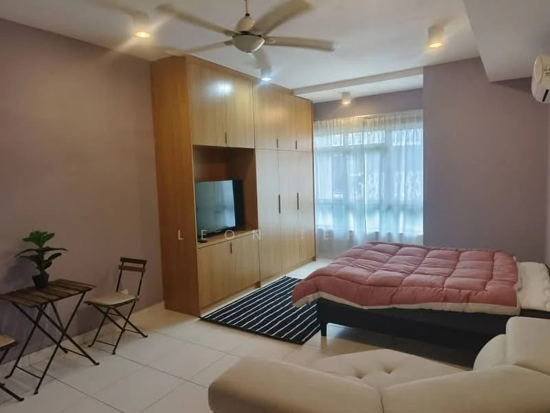 Bedroom features: queen-size bed with pink bedding, built-in wardrobe with wooden finish, wall-mounted TV, floor-to-ceiling windows with sheer curtains, white tiled flooring, ceiling fan, small dining table with two chairs, area rug with black and white stripes, sofa in light color; style: modern.