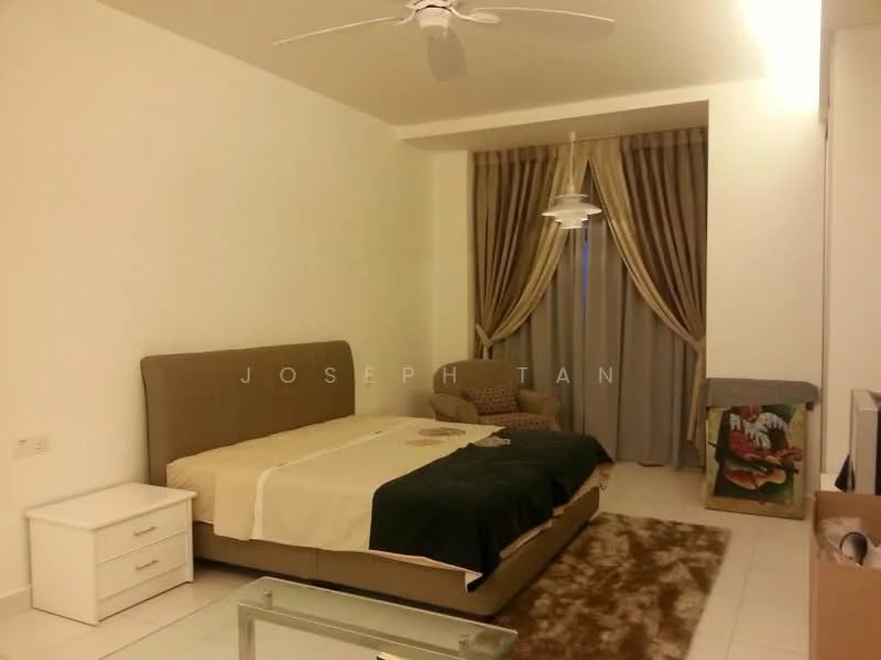 Bedroom features: king-size bed with upholstered headboard, bedside table in white, area rug with plush texture, floor-to-ceiling window with sheer curtains, curtains in beige, ceiling fan, wall-mounted artwork, accent chair in the corner; style: modern.