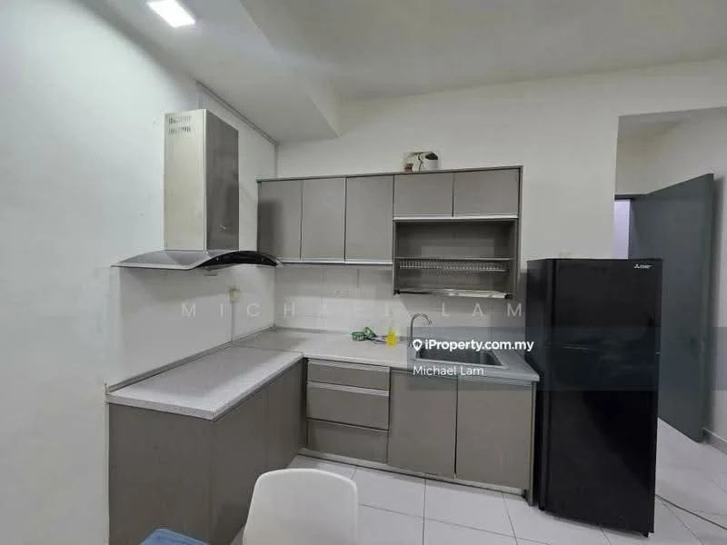 Kitchen features: grey cabinetry, white countertop, stainless-steel range hood, single-bowl stainless-steel sink, chrome pull-down faucet, built-in oven, freestanding fridge, ceramic tile flooring, white walls, under-cabinet lighting, open shelving, wall-mounted cabinet; style: modern.
