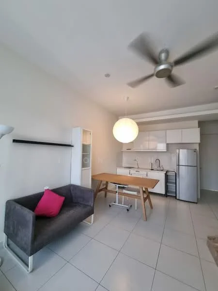 Living features: grey fabric sofa, pink decorative cushion, wooden dining table, white dining chairs, white cabinetry, stainless-steel fridge, built-in oven, single-bowl stainless-steel sink, chrome pull-down faucet, white quartz countertop, pendant light, 5-blade ceiling fan, white tiled flooring, neutral painted walls; style: modern.