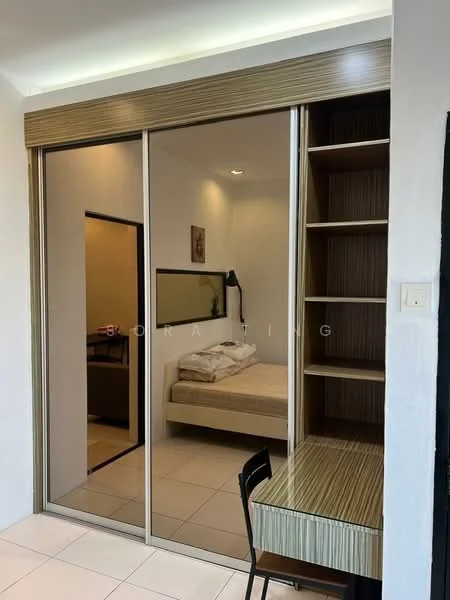 Bedroom features: queen-size bed, built-in wardrobe with sliding mirrored doors, study desk with chair, wall-mounted light fixture, cream painted walls, tile flooring, shelving unit, window with natural light; style: modern.