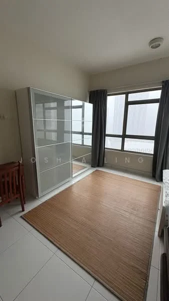 Bedroom features: large window with sheer curtains, white walls, light-colored flooring, built-in wardrobe with sliding doors, wooden dining table, area rug, ceiling light fixture, grey curtains; style: modern.