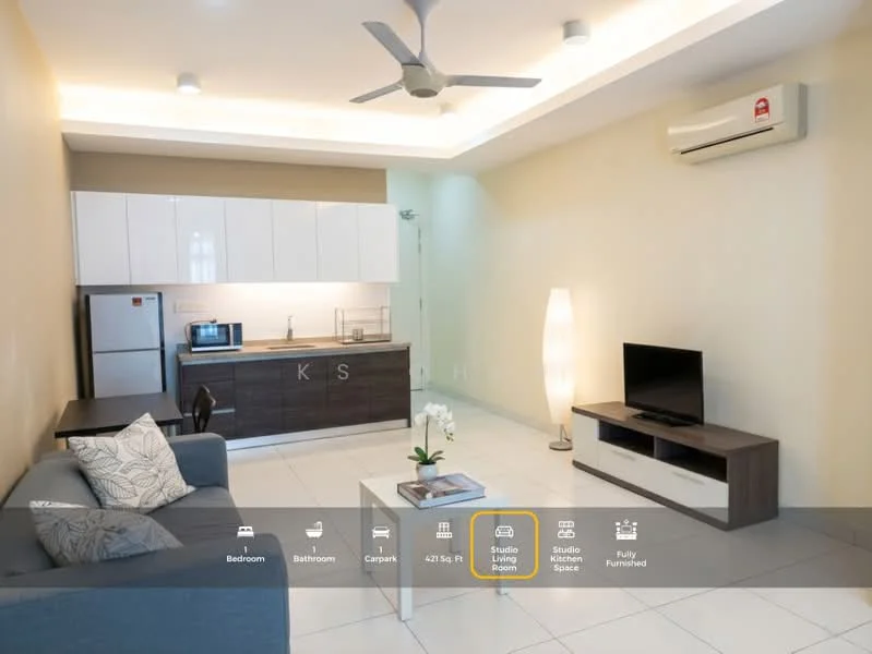 Living features: grey fabric sofa, coffee table, wall-mounted TV, TV console, recessed downlights, 5-blade ceiling fan, white painted walls, cream tiled flooring, air conditioning unit, kitchenette with white cabinets, stainless-steel fridge, built-in oven, sink, countertop, decorative plant; style: modern.