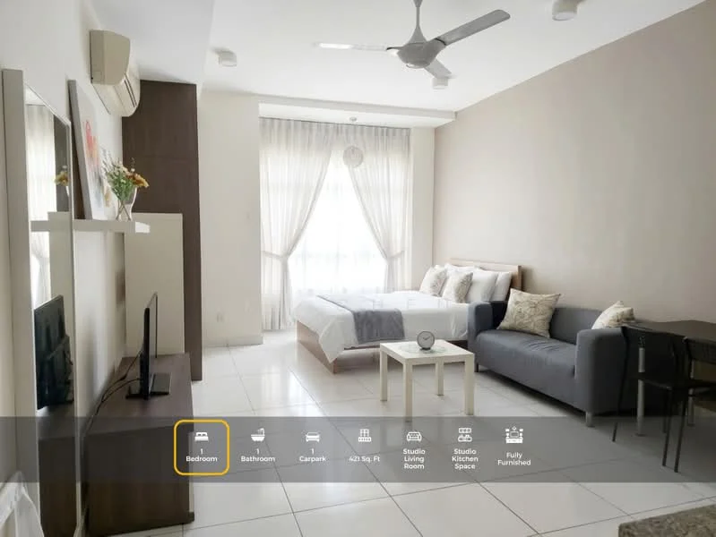 Bedroom features: queen-size bed with white bedding, upholstered headboard, 2 bedside lamps, sofa in grey fabric, coffee table, wall-mounted TV, TV console, floor-to-ceiling windows with sheer curtains, white painted walls, tile flooring, ceiling fan, air conditioning unit; style: modern.