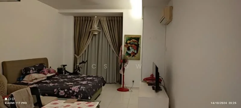 Room features: queen-size bed with floral bedding, wall-mounted TV, white painted walls, tile flooring, curtains, air conditioning unit, decorative wall art, floor lamp, bicycle, small dining table with chairs; style: modern.