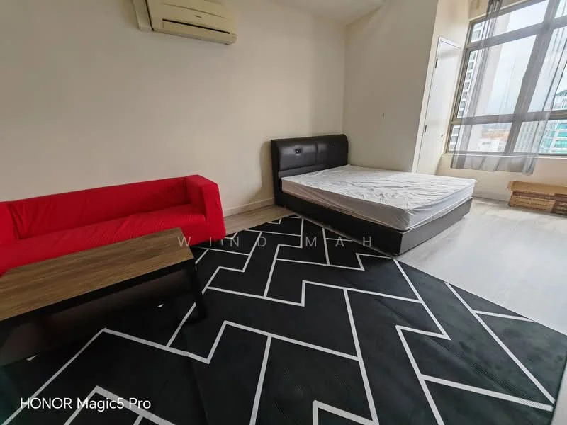 Room features: red fabric sofa, queen-size bed without mattress, black and white geometric area rug, wood coffee table, floor-to-ceiling windows, white walls, light-colored flooring, wall-mounted split AC; style: modern; view: city.
