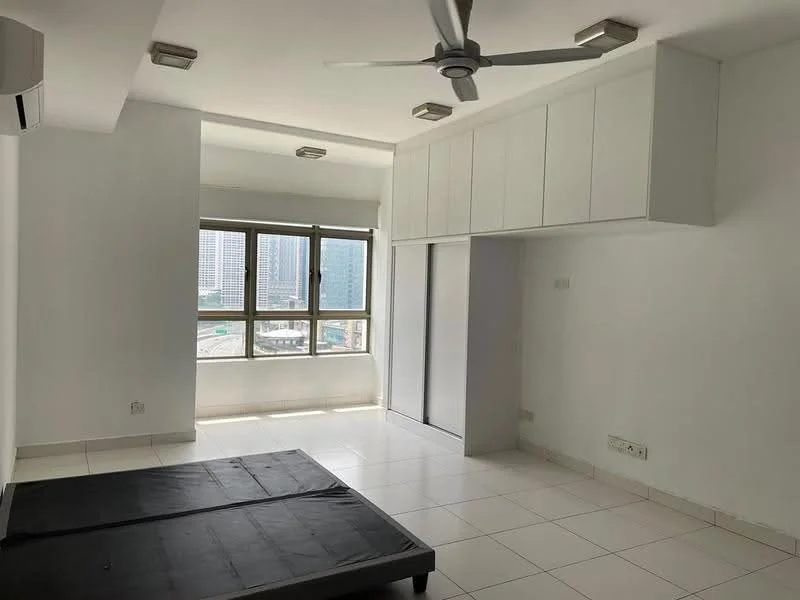 Room features: white painted walls, white ceiling, recessed downlights, 5-blade ceiling fan, large windows, tile flooring, built-in cabinets, air conditioning unit, city view; style: modern; view: city.