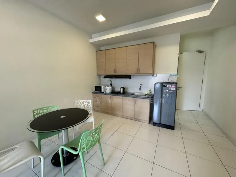 Kitchen features: white painted walls, tile flooring, wood cabinetry, black countertop, stainless-steel fridge, microwave, electric kettle, 2-slice toaster, round dining table, 4 green plastic chairs, single-bowl stainless-steel sink, chrome pull-down faucet, built-in stove, exhaust hood; style: modern.