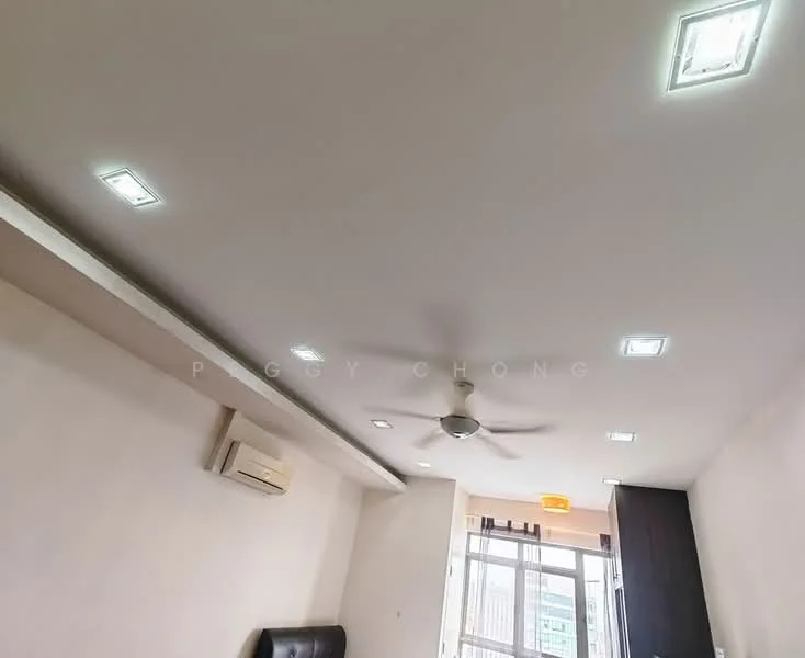 Room features: white painted walls, recessed LED downlights, 5-blade ceiling fan, wall-mounted split AC, floor-to-ceiling windows, sliding glass door; style: modern; view: city.
