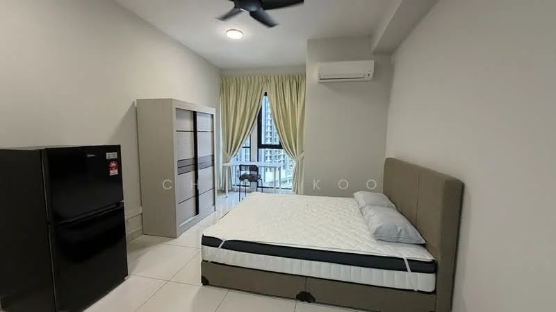Bedroom features: queen-size bed, upholstered headboard, 2 bedside lamps, built-in wardrobe, desk with chair, floor-to-ceiling window, sheer curtains, wall-mounted split AC, black fridge, white tiled flooring, light grey painted walls, ceiling fan; style: modern; view: city.
