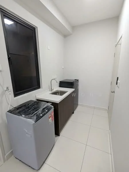 Laundry features: single-bowl stainless-steel sink, chrome pull-down faucet, white cabinetry, grey countertop, front-load washing machine, white tiled flooring, white painted walls, black window frame, window with blackout curtains; style: modern.