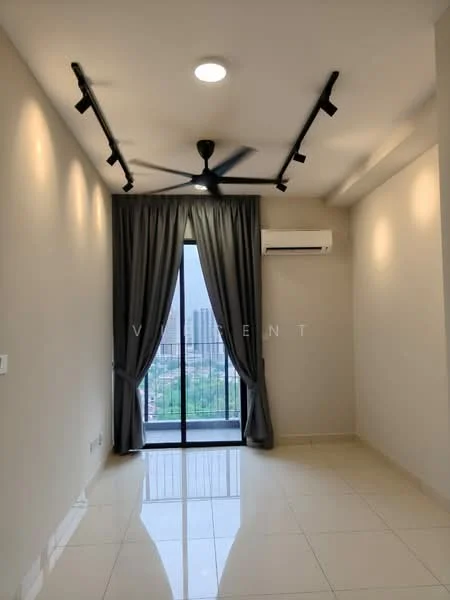 Room features: white painted walls, glossy tile flooring, 5-blade ceiling fan with light, floor-to-ceiling windows, sliding glass door, grey curtains, wall-mounted split AC, recessed LED downlights; style: modern; view: city.