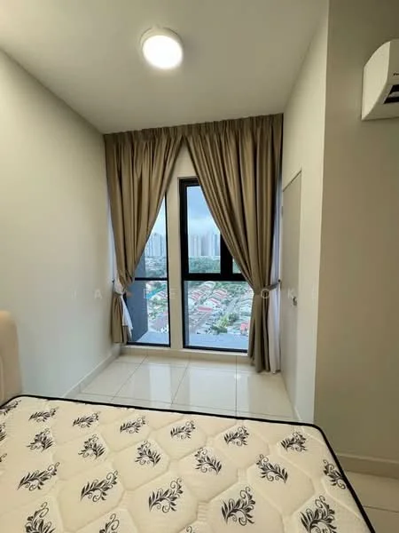 Bedroom features: floor-to-ceiling window, grey curtains, white painted walls, white tiled flooring, ceiling light, air conditioning unit, queen-size bed, decorative bedspread; style: modern; view: city.