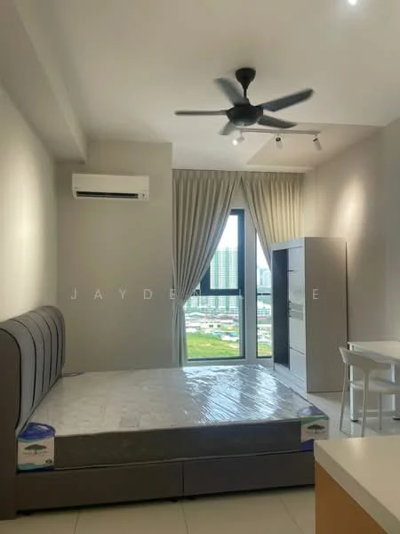 Bedroom features: queen-size bed, 5-blade ceiling fan with light, floor-to-ceiling window, curtains, built-in wardrobe, light-colored walls, tile flooring, air conditioning unit; style: modern; view: city.