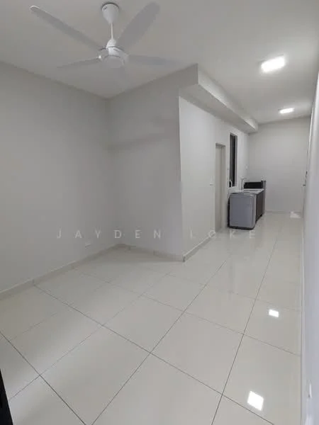Room features: white painted walls, glossy white floor tiles, ceiling fan, recessed LED downlights, open layout, neutral color scheme, no visible furniture, large windows, doorway leading to another room; style: modern.