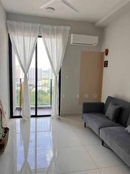 Living features: grey fabric sofa, floor-to-ceiling windows, sheer white curtains, white painted walls, recessed ceiling lights, wall-mounted split AC, glossy white tile flooring, decorative wall art; style: modern; view: city.