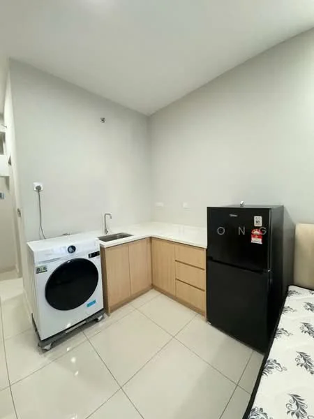 Kitchen features: white cabinetry, black refrigerator, single-bowl stainless-steel sink, chrome pull-down faucet, built-in countertop, washing machine, ceramic tile flooring, neutral wall color, recessed downlights; style: modern.