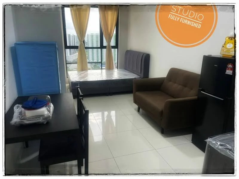 Living features: queen-size bed with mattress, brown fabric sofa, black dining table for 4, stainless-steel fridge, white tiled flooring, floor-to-ceiling windows, curtains in yellow, decorative wall art, open layout, built-in wardrobe; style: modern; view: city.