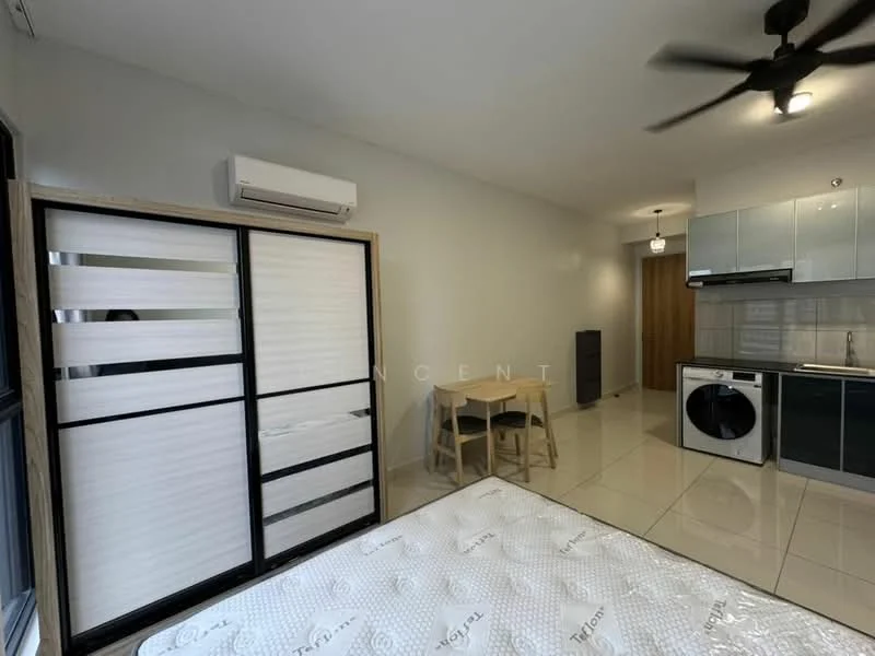 Room features: white painted walls, glossy tile flooring, ceiling fan, wall-mounted split AC, black sliding wardrobe, wooden dining table with two chairs, stainless-steel washing machine, built-in kitchen cabinets, countertop with sink, refrigerator, kitchen appliances, window with natural light; style: modern.
