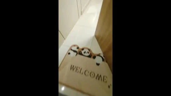 Room features: welcome mat with panda design, white tiled flooring, wooden door frame, neutral wall color.