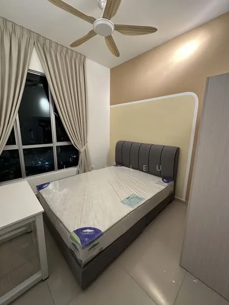 Bedroom features: queen-size bed with grey upholstered headboard, floor-to-ceiling window, sheer curtains, light beige painted walls, cream accent wall, ceiling fan, tile flooring, nightstand, built-in wardrobe; style: modern; view: city.