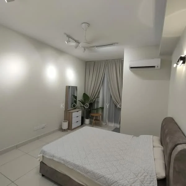 Bedroom features: queen-size bed, upholstered headboard, 5-blade ceiling fan with light, floor-to-ceiling windows, sheer curtains, light grey painted walls, tile flooring, mirror with wooden frame, wooden dresser with drawers, decorative wall sconce, potted plant, chair; style: modern.