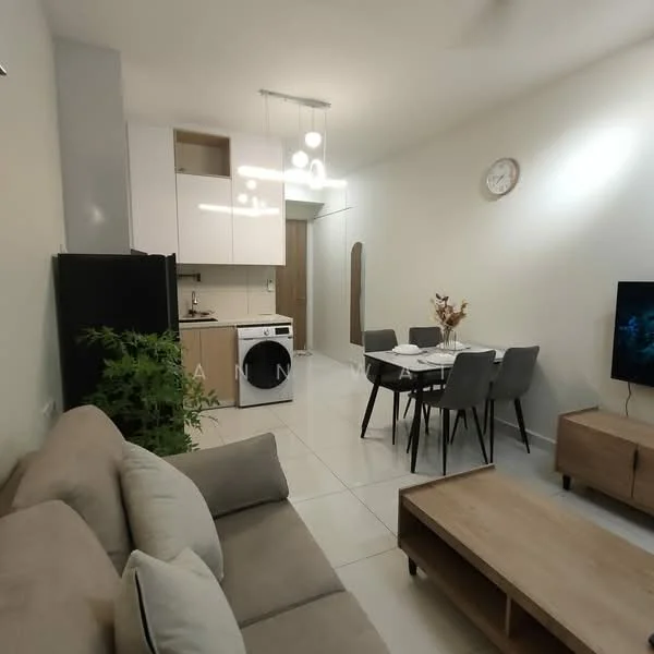 Living features: light grey fabric sofa, wooden coffee table, TV console, wall-mounted TV, 4-seater dining table, grey upholstered dining chairs, white cabinets, black refrigerator, white washing machine, pendant lighting, wall clock, potted plant, white tiled flooring, neutral painted walls; style: modern.