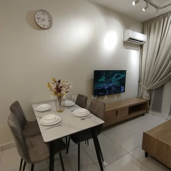 Dining features: 4-seater dining table with marble top, grey upholstered dining chairs, wall-mounted TV, wooden TV console, 1 wall-mounted split AC, cream painted walls, recessed downlights, curtains, clock on wall, tile flooring; style: modern.