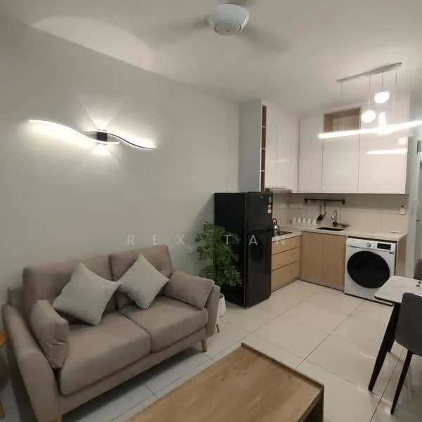 Living features: 3-seater fabric sofa in light grey, 2 decorative cushions, wooden coffee table, wall-mounted light fixture, ceiling fan, tile flooring; style: modern. Kitchen features: white cabinetry, wooden countertop, stainless-steel fridge, built-in oven, 4-burner gas hob, single-bowl stainless-steel sink, chrome pull-down faucet, washing machine, tile backsplash, recessed LED downlights; style: modern.