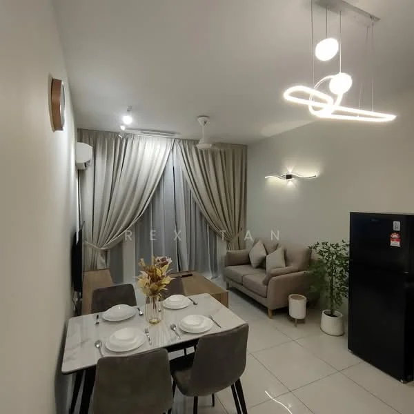 Living features: sofa in light grey fabric, marble dining table, 4 upholstered dining chairs, refrigerator in black, pendant light fixture, wall-mounted light, floor-to-ceiling curtains in light beige, wall-mounted air conditioning unit, white painted walls, glossy tile flooring; style: modern.