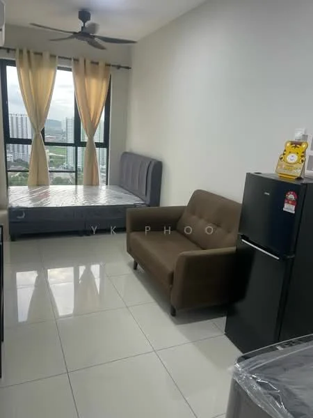 Living features: floor-to-ceiling windows, grey upholstered bed frame, brown fabric sofa, white tiled flooring, ceiling fan, curtains, black fridge, mattress on bed frame; style: modern; view: city.