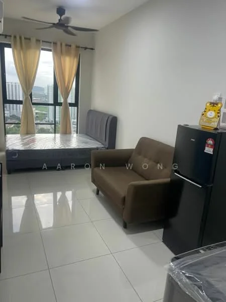 Living features: floor-to-ceiling windows, grey upholstered bed, brown fabric sofa, white tiled flooring, ceiling fan, curtains, black fridge, decorative items on fridge; style: modern; view: city.
