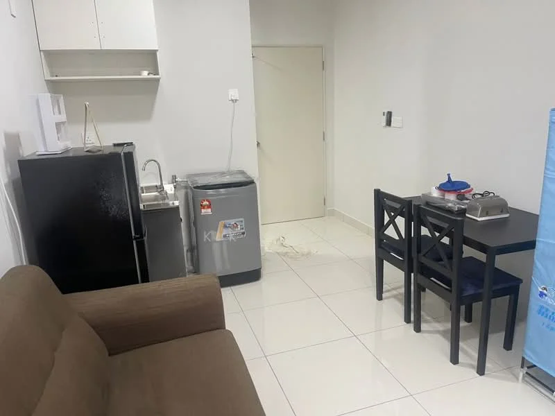 Kitchen features: white painted walls, glossy tile flooring, black refrigerator, stainless-steel sink, grey washing machine, white upper cabinets, black dining table with four chairs, kitchen countertop, wall-mounted electrical outlet; style: modern. Living features: brown fabric sofa, neutral wall color, tile flooring; style: modern.