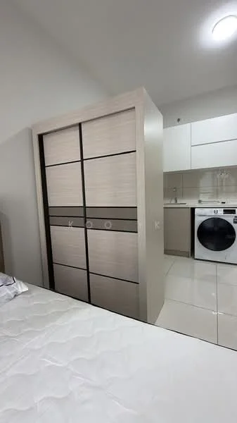 Room features: built-in wardrobe with sliding doors, white cabinetry, washing machine, white tiled flooring, recessed ceiling lights; style: modern.