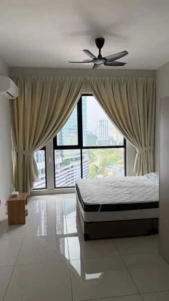 Bedroom features: king-size bed, white bedding, floor-to-ceiling windows, sheer curtains, blackout curtains, 5-blade ceiling fan, white painted walls, glossy tile flooring, wooden bedside table, air conditioning unit; style: modern; view: city.