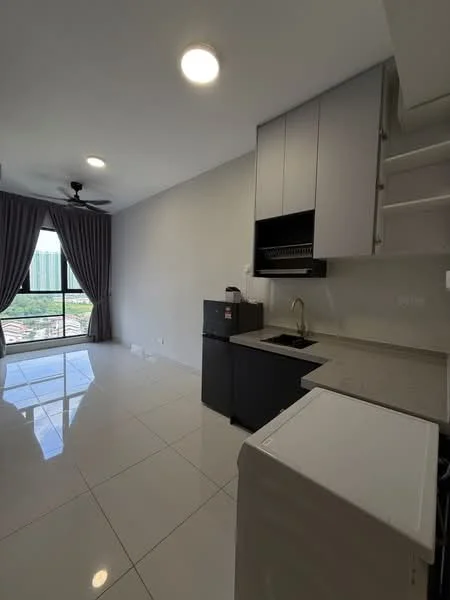 Kitchen features: white painted walls, glossy tile flooring, ceiling fan, floor-to-ceiling windows, black cabinetry, grey countertop, single-bowl stainless-steel sink, chrome pull-down faucet, black fridge, white washing machine; style: modern; view: city.