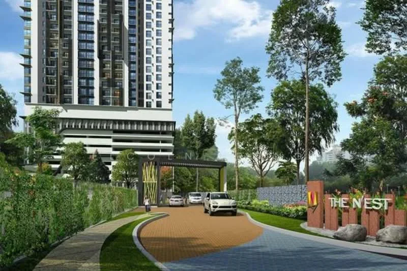 Exterior type: high-rise condominium; features: modern facade with glass curtain wall, manicured lawn, mature trees, paved driveway, entrance gate with signage, surrounded by greenery, car parking area, landscape garden; style: modern.