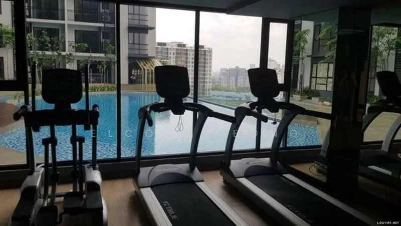 Room features: treadmills, large windows, view of swimming pool, indoor plants, wooden flooring, modern gym equipment, mirrored wall, ambient lighting; style: modern; view: pool.