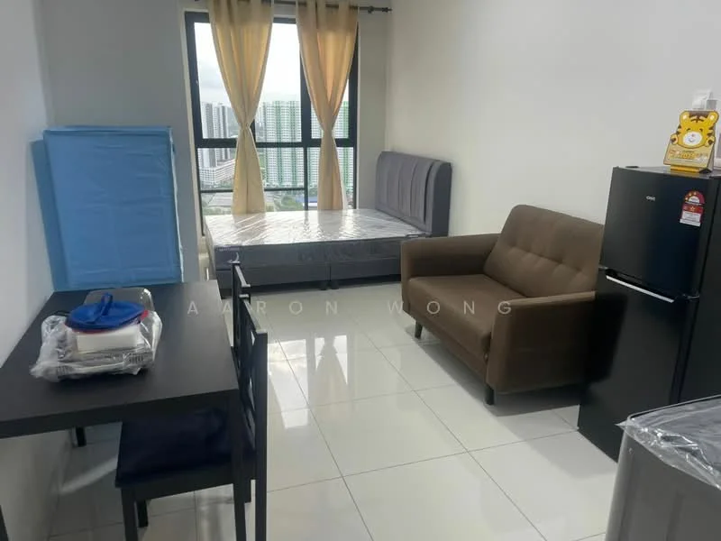 Living features: grey upholstered bed frame, mattress on bed, brown fabric sofa, black dining table, two dining chairs, black fridge, white tiled flooring, floor-to-ceiling windows, sheer curtains, city view; style: modern; view: city.