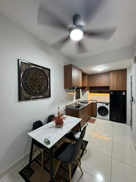 Kitchen features: white painted walls, glossy tile flooring, wood cabinetry, marble dining table, black dining chairs, stainless-steel fridge, built-in oven, washing machine, chrome faucet, recessed downlights, 5-blade ceiling fan with light, decorative wall art; style: modern.