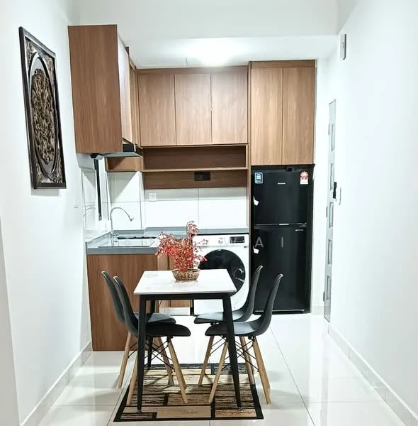 Kitchen features: brown wooden cabinetry, grey countertop, stainless-steel sink, built-in washing machine, black refrigerator, 4-seater dining table, black dining chairs, white walls, tile flooring, decorative wall art; style: modern.