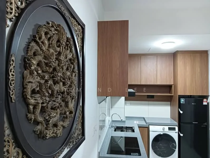 Kitchen features: wood cabinetry, black countertop, stainless-steel sink, chrome pull-down faucet, built-in electric stove, built-in oven, refrigerator, front-load washing machine, decorative wall art, recessed ceiling lights, white tiled backsplash, grey tiled flooring; style: modern.