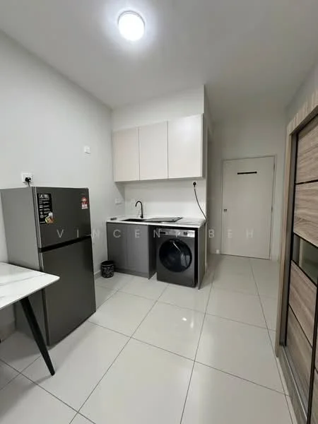 Laundry features: grey fridge, single-bowl stainless-steel sink, chrome pull-down faucet, white cabinetry, black washing machine, white tiled flooring, white painted walls, LED ceiling light; style: modern.